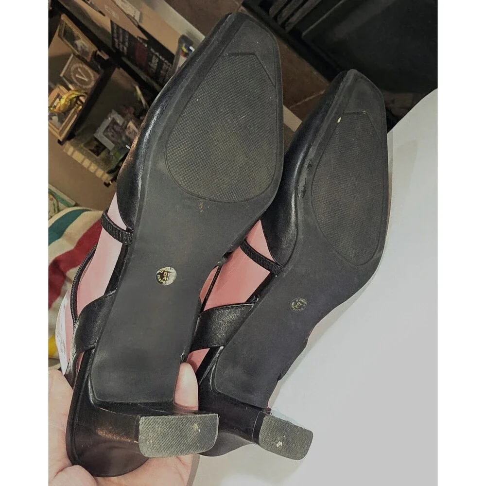 Liz Baker Sz 8 Y2K Vintage Elastic Criss Cross Strappy Black Leather Upper Heels